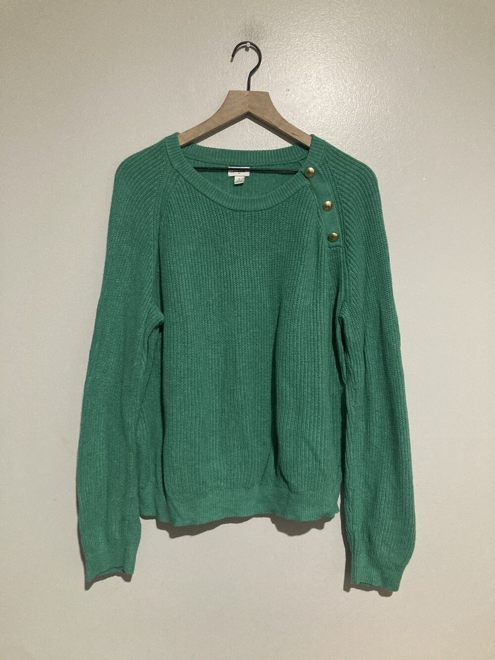 J Crew Womens Green Cotton Shaker Stitch Shoulder Gold Button Sweater Size L